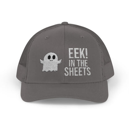 Eek in the Sheets Ghost Hat – Cute Halloween Pun Snapback Trucker Cap – Charcoal Hats by Printify