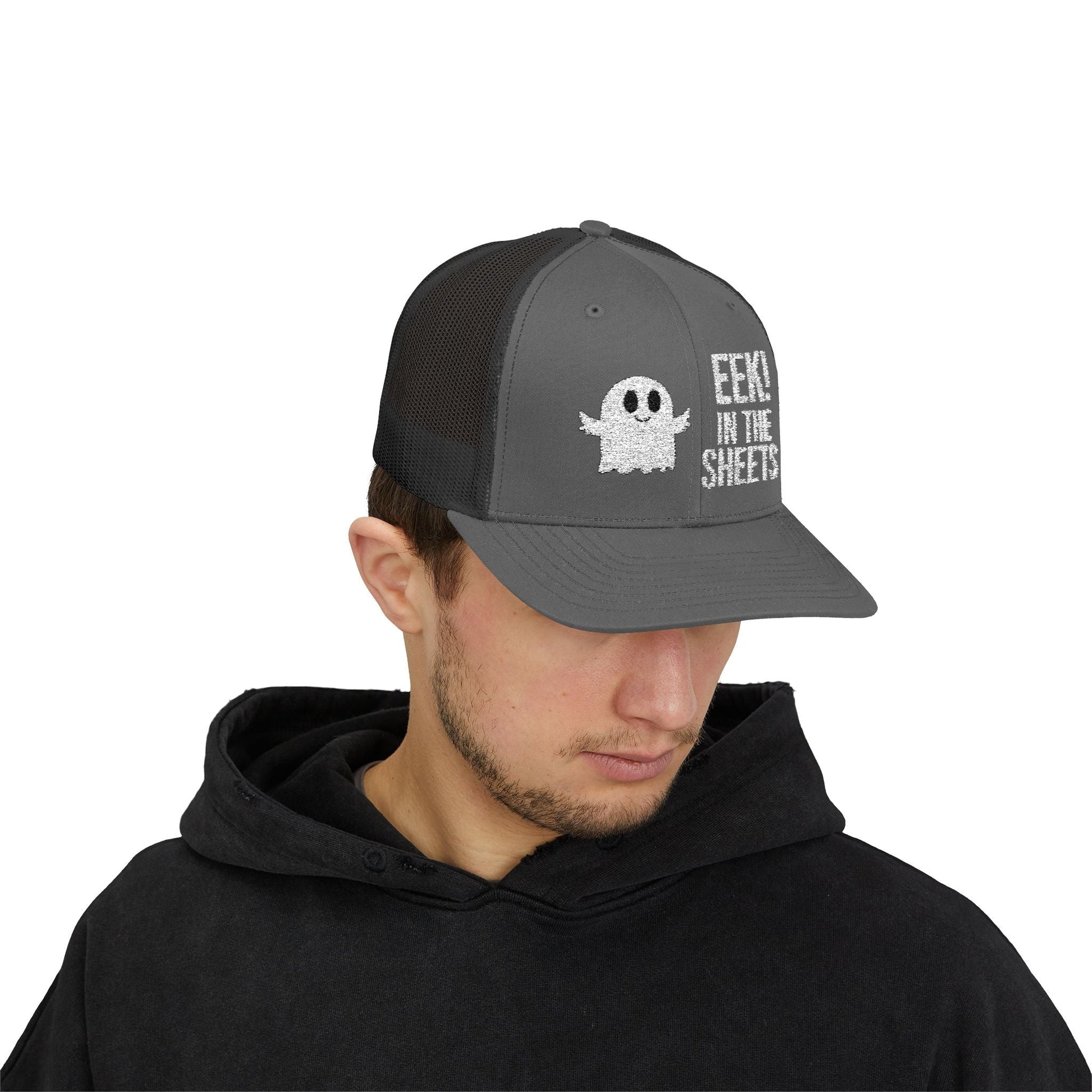 Eek in the Sheets Ghost Hat – Cute Halloween Pun Snapback Trucker Cap – Charcoal / Black Hats by Printify