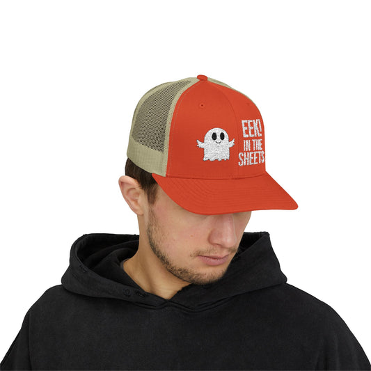Eek in the Sheets Ghost Hat – Cute Halloween Pun Snapback Trucker Cap – Rustic Orange / Khaki Hats by Printify