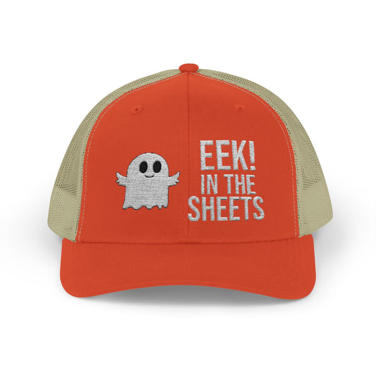 Eek in the Sheets Ghost Hat – Cute Halloween Pun Snapback Trucker Cap – Rustic Orange / Khaki Hats by Printify