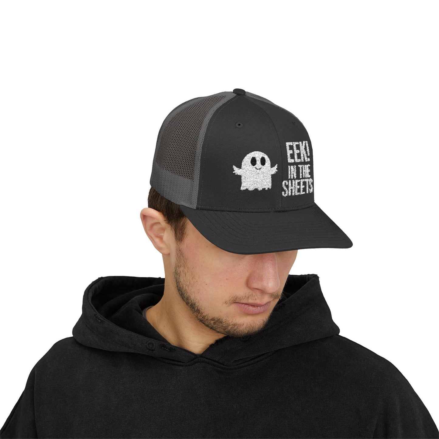 Eek in the Sheets Ghost Hat – Cute Halloween Pun Snapback Trucker Cap – Black Hats by Printify