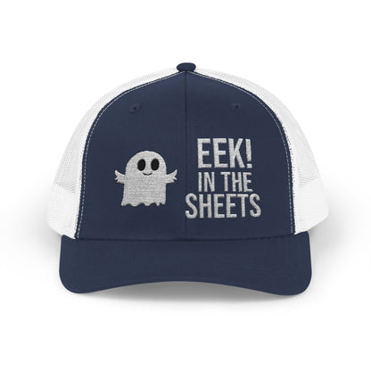 Eek in the Sheets Ghost Hat – Cute Halloween Pun Snapback Trucker Cap – Navy / White Hats by Printify