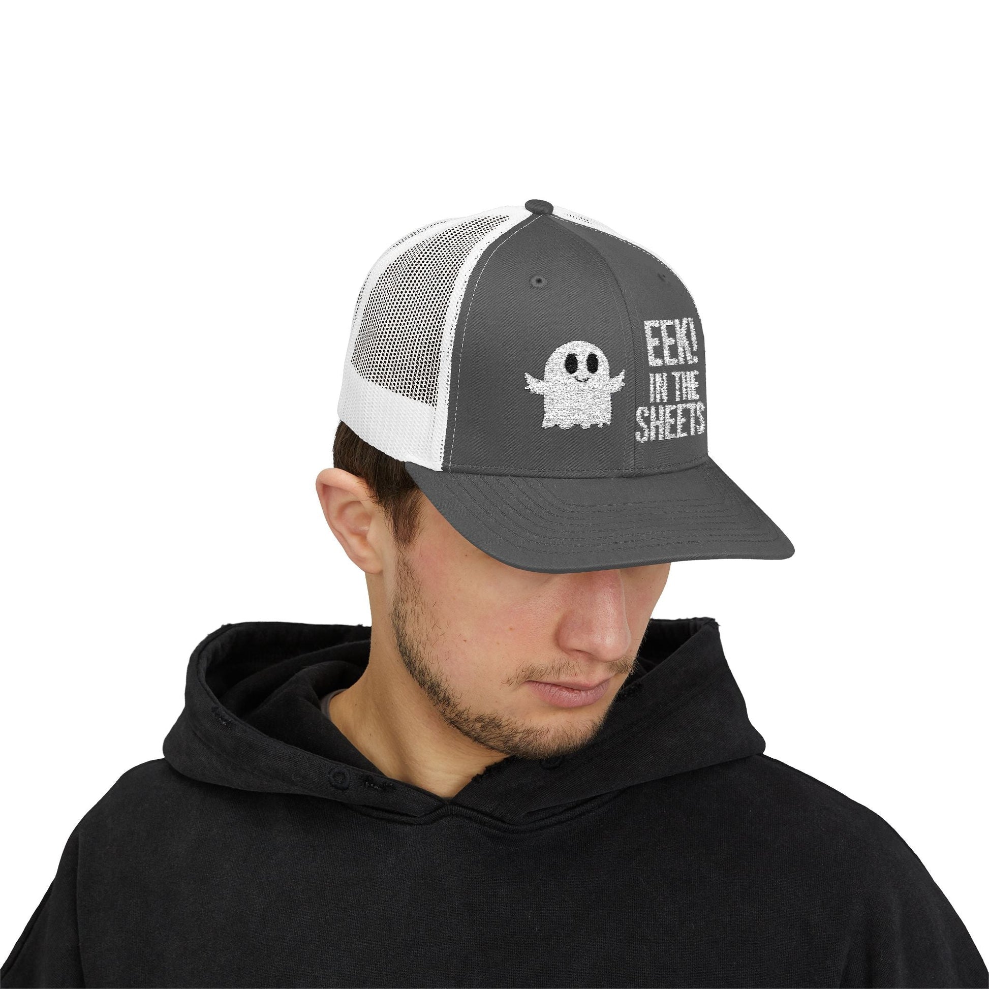 Eek in the Sheets Ghost Hat – Cute Halloween Pun Snapback Trucker Cap – Charcoal / White Hats by Printify