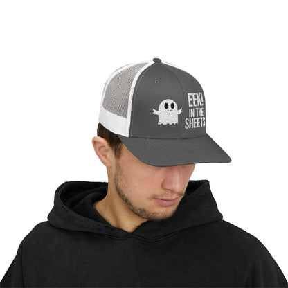 Eek in the Sheets Ghost Hat – Cute Halloween Pun Snapback Trucker Cap – Charcoal / White Hats by Printify