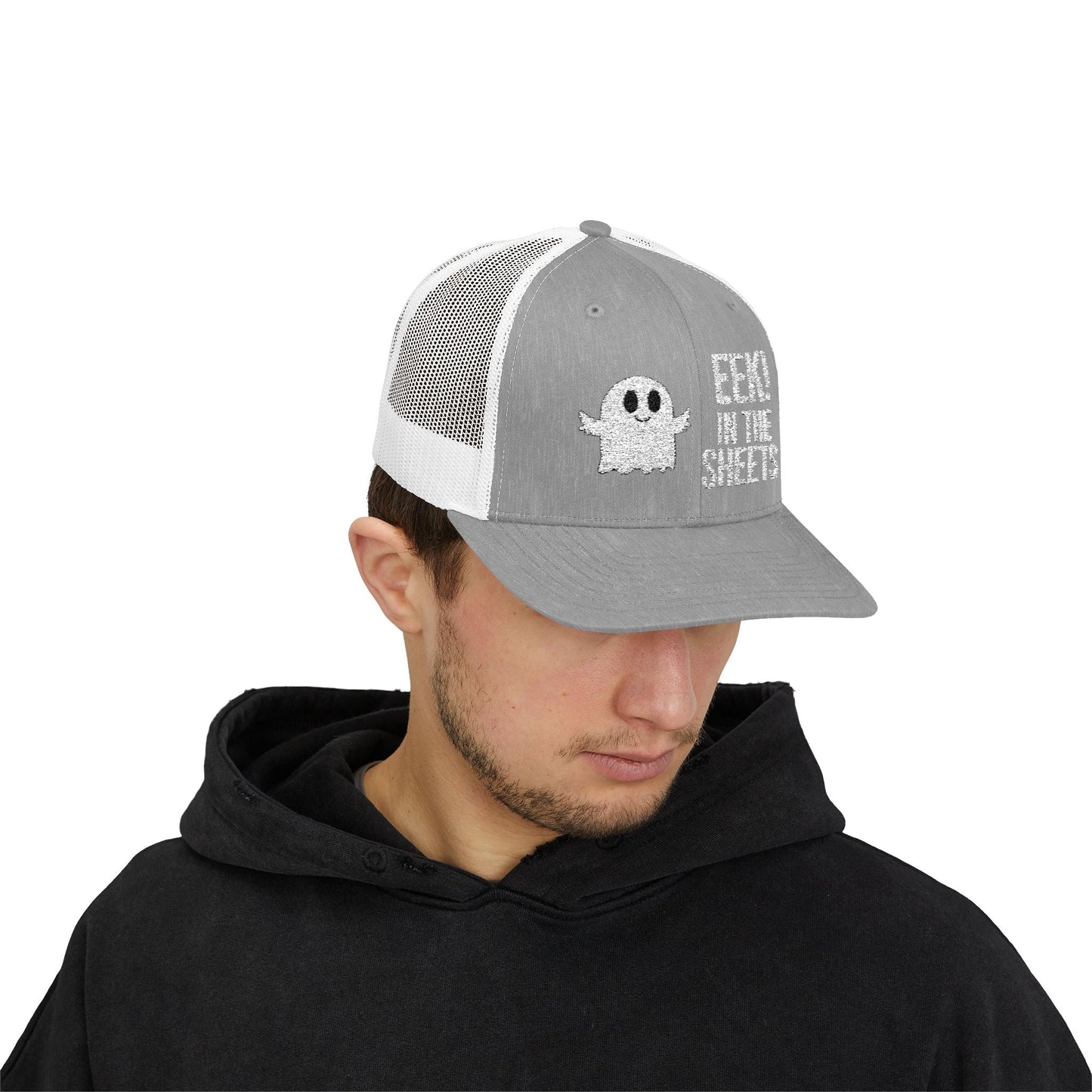 Eek in the Sheets Ghost Hat – Cute Halloween Pun Snapback Trucker Cap – Heather Grey / White Hats by Printify
