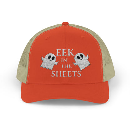 Eek in the Sheets Ghost Hat v2 – Cute Halloween Pun Snapback Trucker Cap – Rustic Orange / Khaki Hats for apparel (1 view)