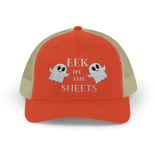Eek in the Sheets Ghost Hat v2 – Cute Halloween Pun Snapback Trucker Cap – Rustic Orange / Khaki Hats for apparel (1 view)