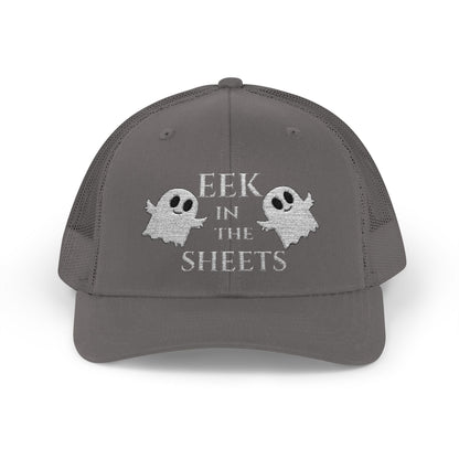 Eek in the Sheets Ghost Hat v2 – Cute Halloween Pun Snapback Trucker Cap – Charcoal Hats for apparel (3 view)