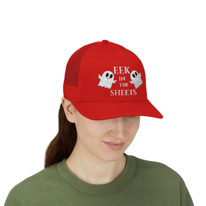 Eek in the Sheets Ghost Hat v2 – Cute Halloween Pun Snapback Trucker Cap – Pink Hats for apparel (21 view)