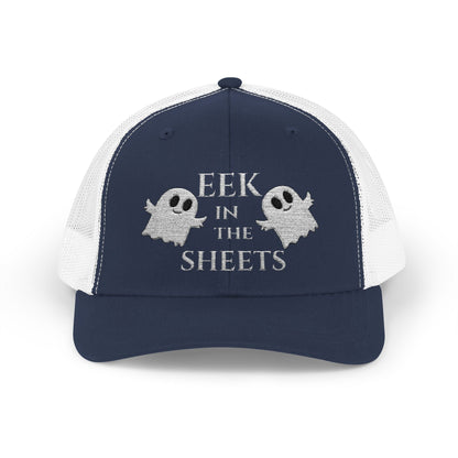 Eek in the Sheets Ghost Hat v2 – Cute Halloween Pun Snapback Trucker Cap – Navy / White Hats for apparel (14 view)