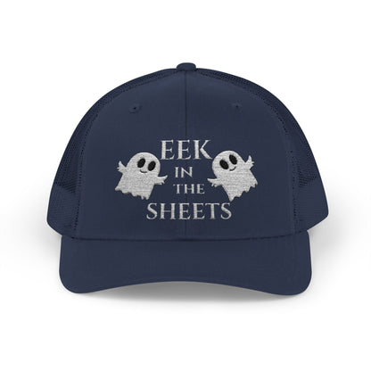 Eek in the Sheets Ghost Hat v2 – Cute Halloween Pun Snapback Trucker Cap – Navy Hats for apparel (13 view)
