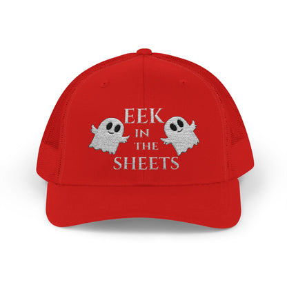 Eek in the Sheets Ghost Hat v2 – Cute Halloween Pun Snapback Trucker Cap – Red Hats for apparel (2 view)
