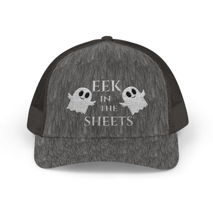 Eek in the Sheets Ghost Hat v2 – Cute Halloween Pun Snapback Trucker Cap – Dark Heather Grey Hats for apparel (11 view)