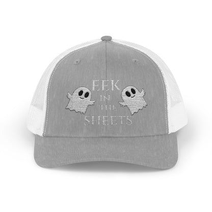Eek in the Sheets Ghost Hat v2 – Cute Halloween Pun Snapback Trucker Cap – Heather Grey / White Hats for apparel (12 view)