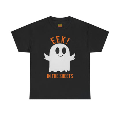 Eek in the Sheets Ghost Tee – Cute Halloween Pun – Black T-Shirt for casual wear gift (2 view)