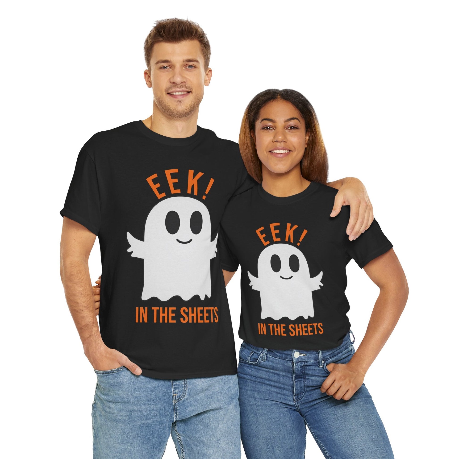 Eek in the Sheets Ghost Tee – Cute Halloween Pun – Dark Chocolate T-Shirt for casual wear gift (1 view)