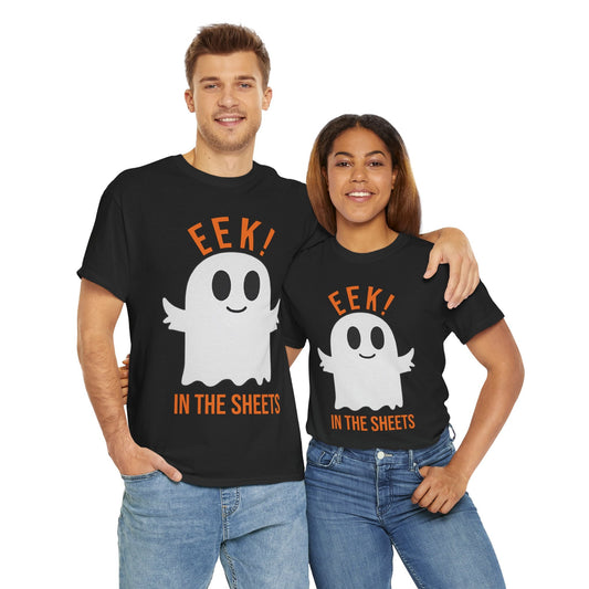 Eek in the Sheets Ghost Tee – Cute Halloween Pun – Dark Chocolate T-Shirt for casual wear gift (1 view)