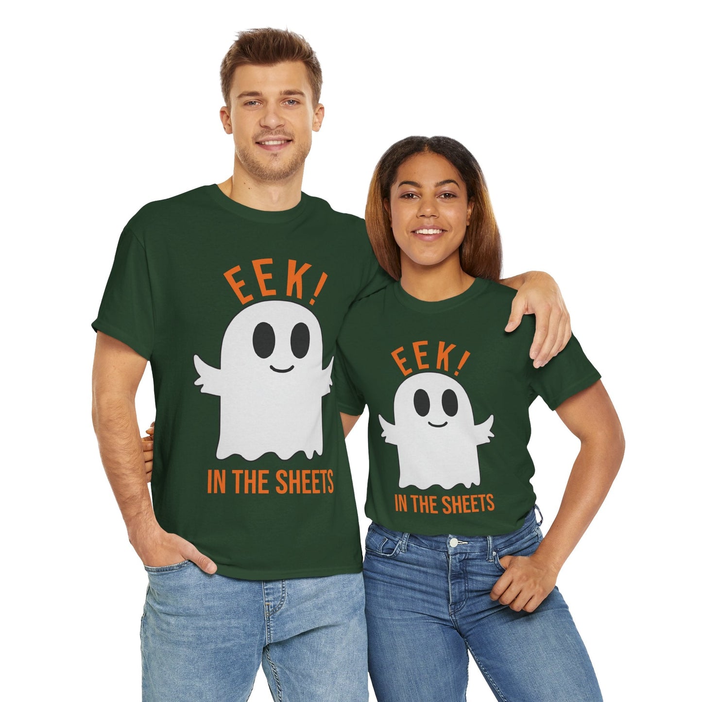 Eek in the Sheets Ghost Tee – Cute Halloween Pun – Military Green T-Shirt for casual wear gift (43 view)