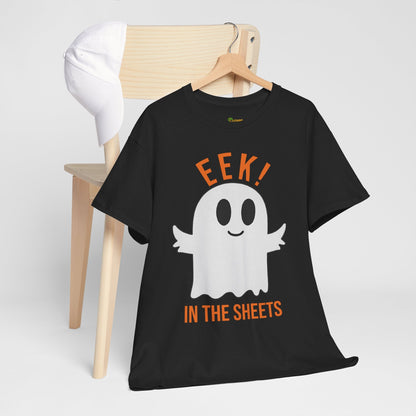 Eek in the Sheets Ghost Tee – Cute Halloween Pun – Navy T-Shirt by Printify