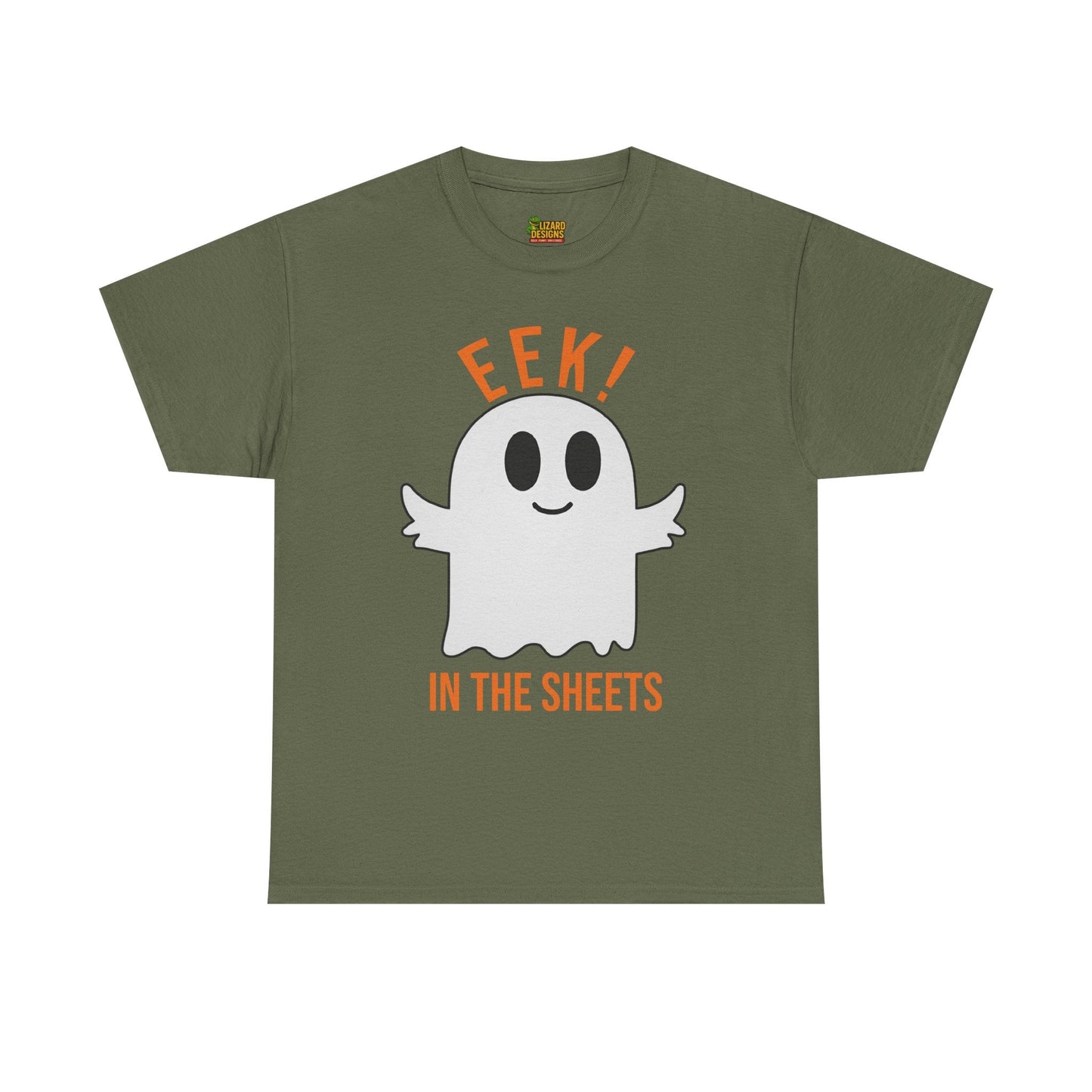 Eek in the Sheets Ghost Tee – Cute Halloween Pun – Military Green T-Shirt by Printify