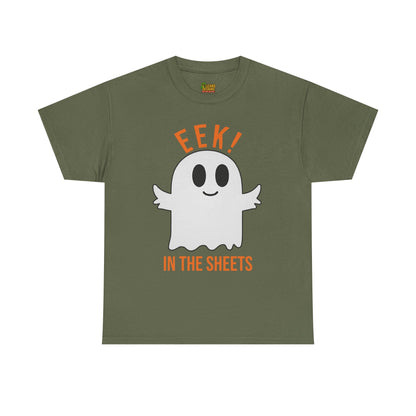 Eek in the Sheets Ghost Tee – Cute Halloween Pun – Military Green T-Shirt by Printify