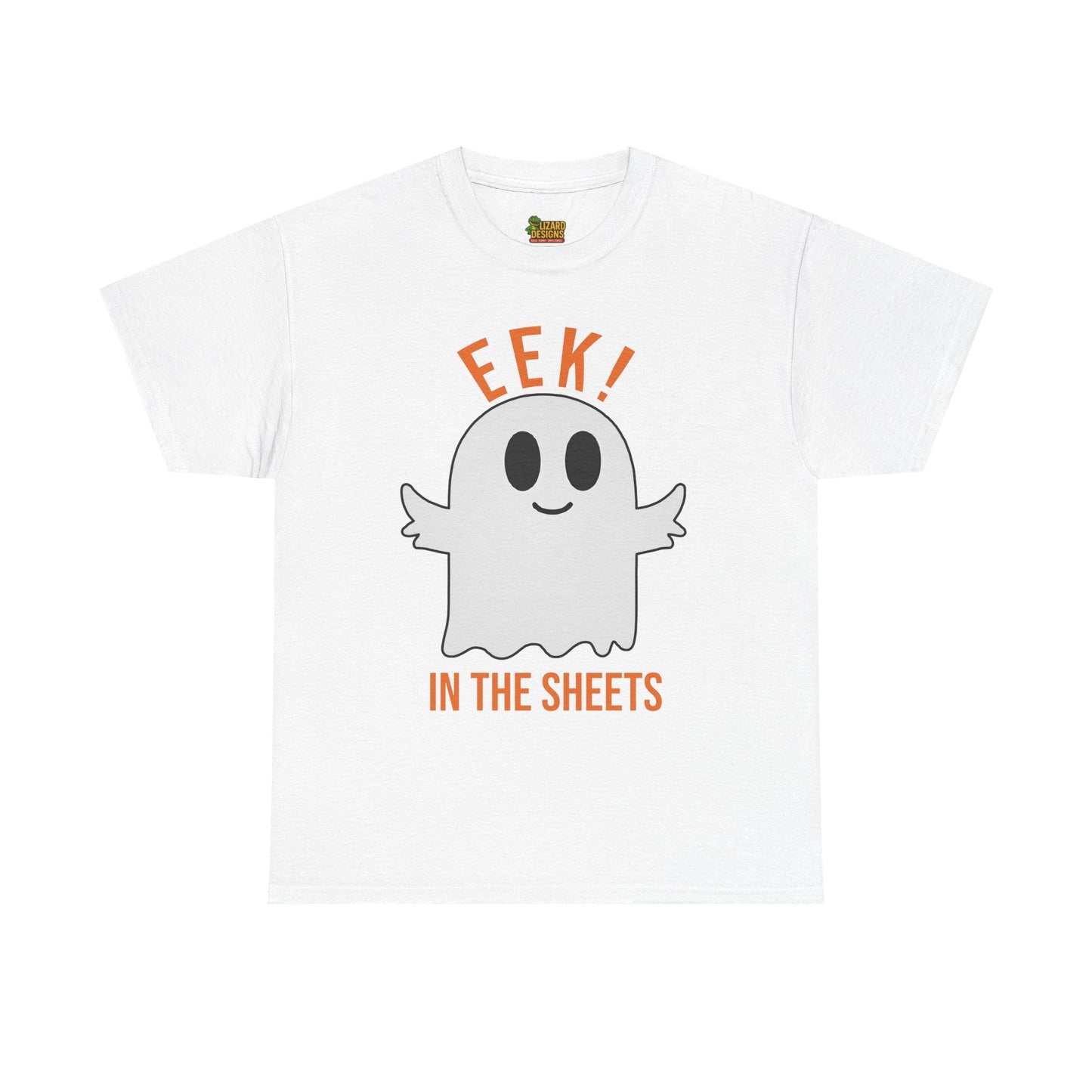 Eek in the Sheets Ghost Tee – Cute Halloween Pun – White T-Shirt by Printify