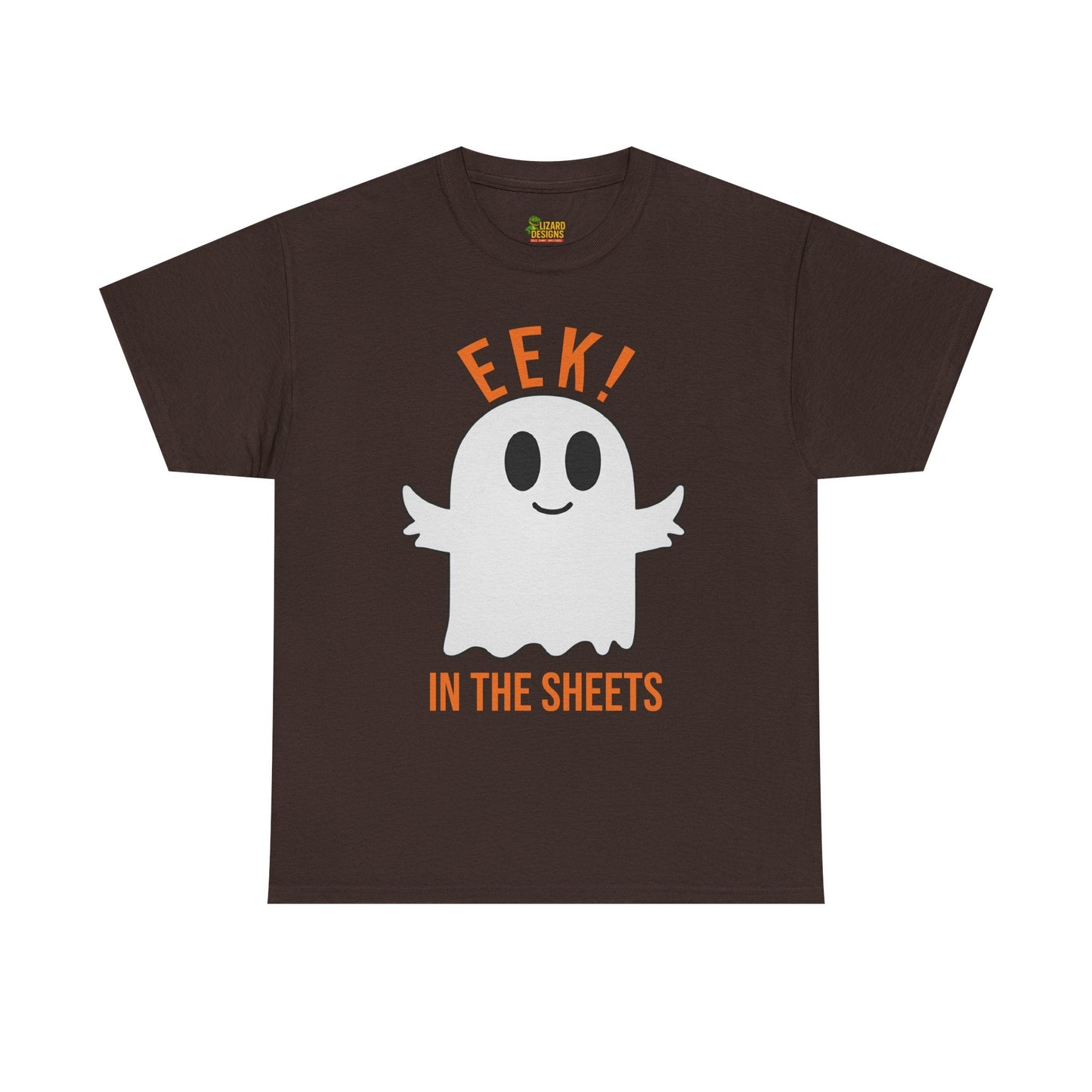 Eek in the Sheets Ghost Tee – Cute Halloween Pun – Dark Chocolate T-Shirt by Printify
