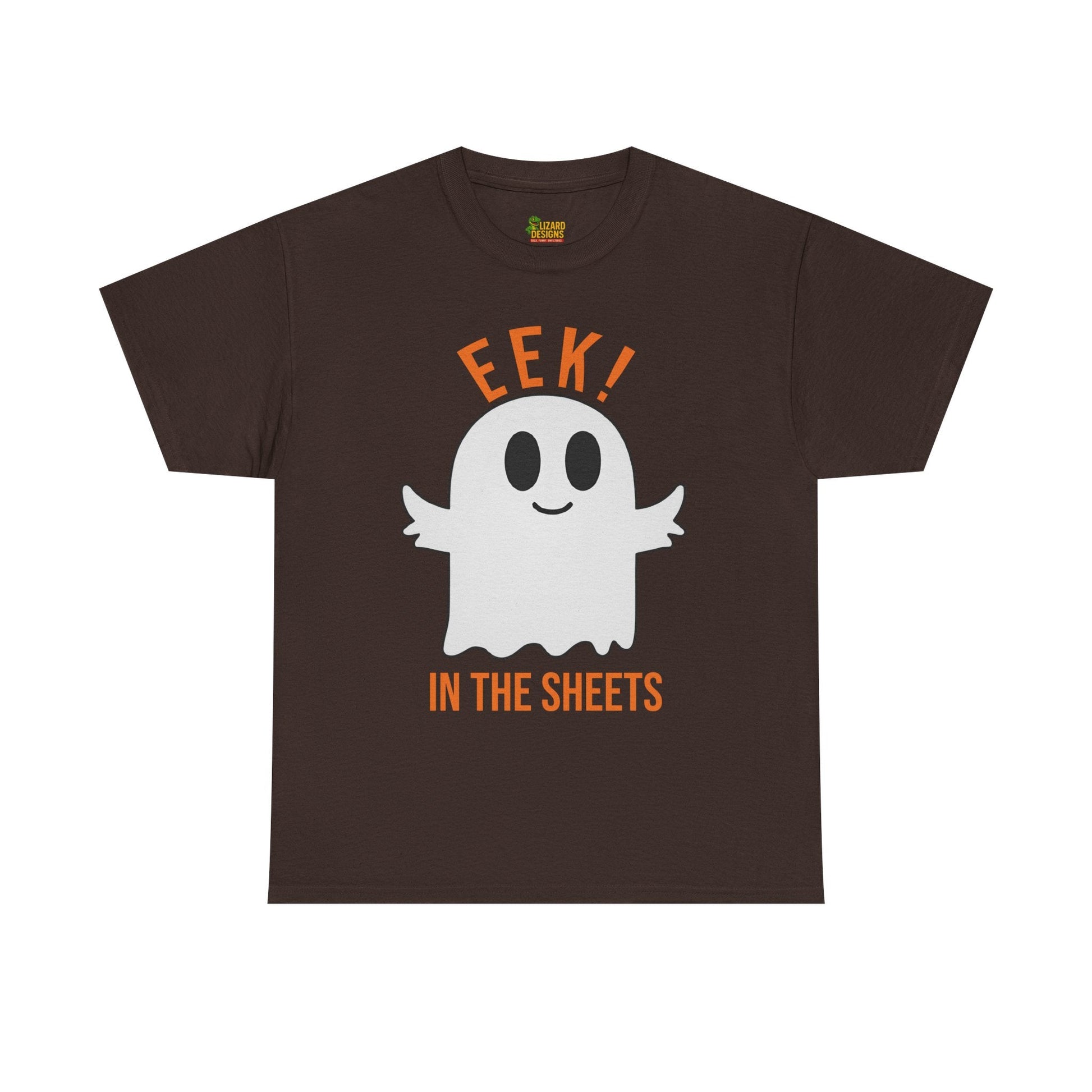 Eek in the Sheets Ghost Tee – Cute Halloween Pun – Dark Chocolate T-Shirt by Printify
