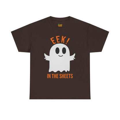 Eek in the Sheets Ghost Tee – Cute Halloween Pun – Dark Chocolate T-Shirt by Printify