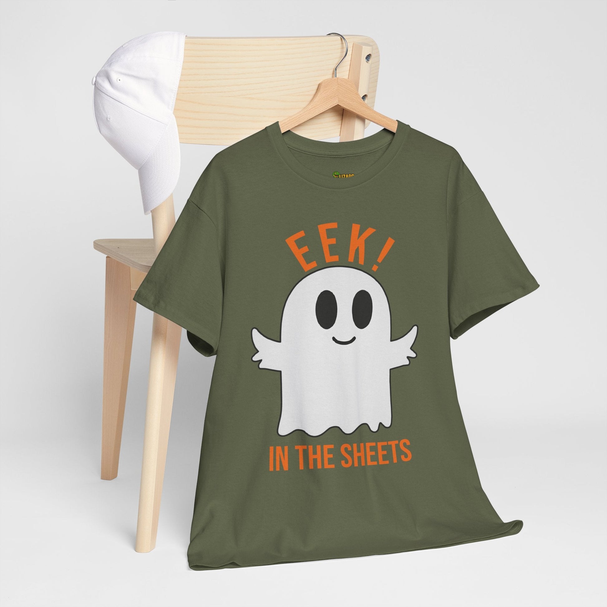Eek in the Sheets Ghost Tee – Cute Halloween Pun – Military Green T-Shirt for casual wear gift (35 view)
