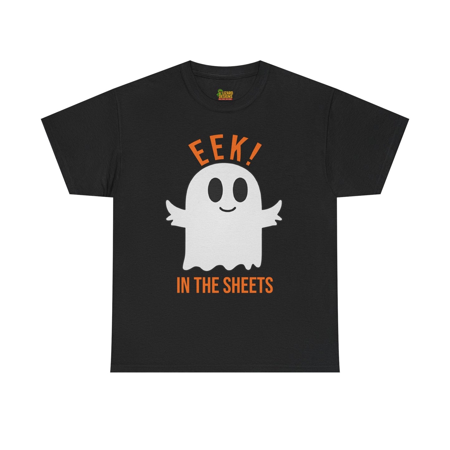 Eek in the Sheets Ghost Tee – Cute Halloween Pun – Black T-Shirt for casual wear gift (1 view)