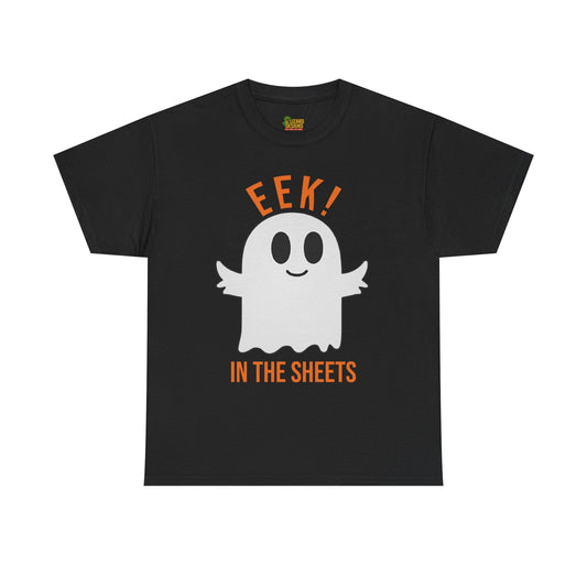 Eek in the Sheets Ghost Tee – Cute Halloween Pun – Black T-Shirt for casual wear gift (1 view)