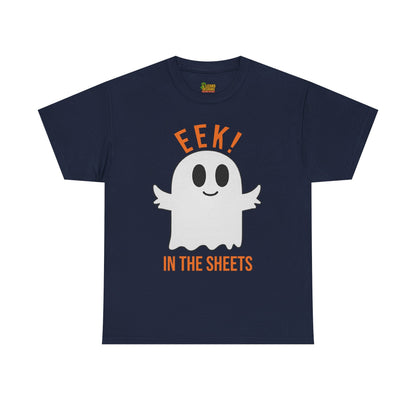 Eek in the Sheets Ghost Tee – Cute Halloween Pun – Navy T-Shirt for casual wear gift (2 view)