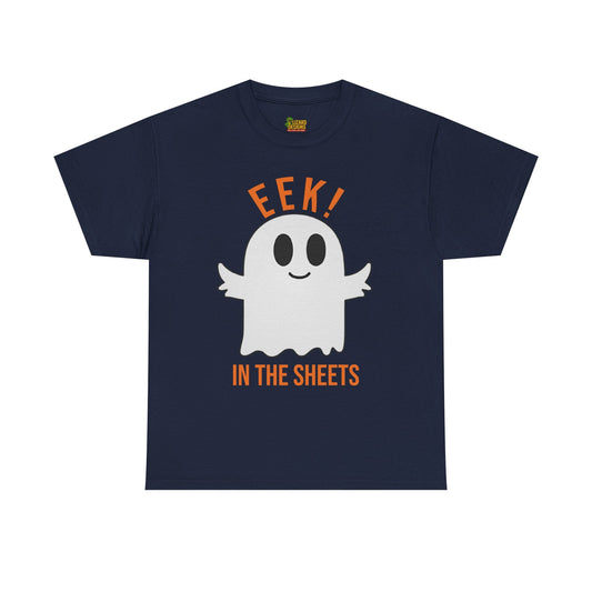 Eek in the Sheets Ghost Tee – Cute Halloween Pun – Navy T-Shirt for casual wear gift (2 view)