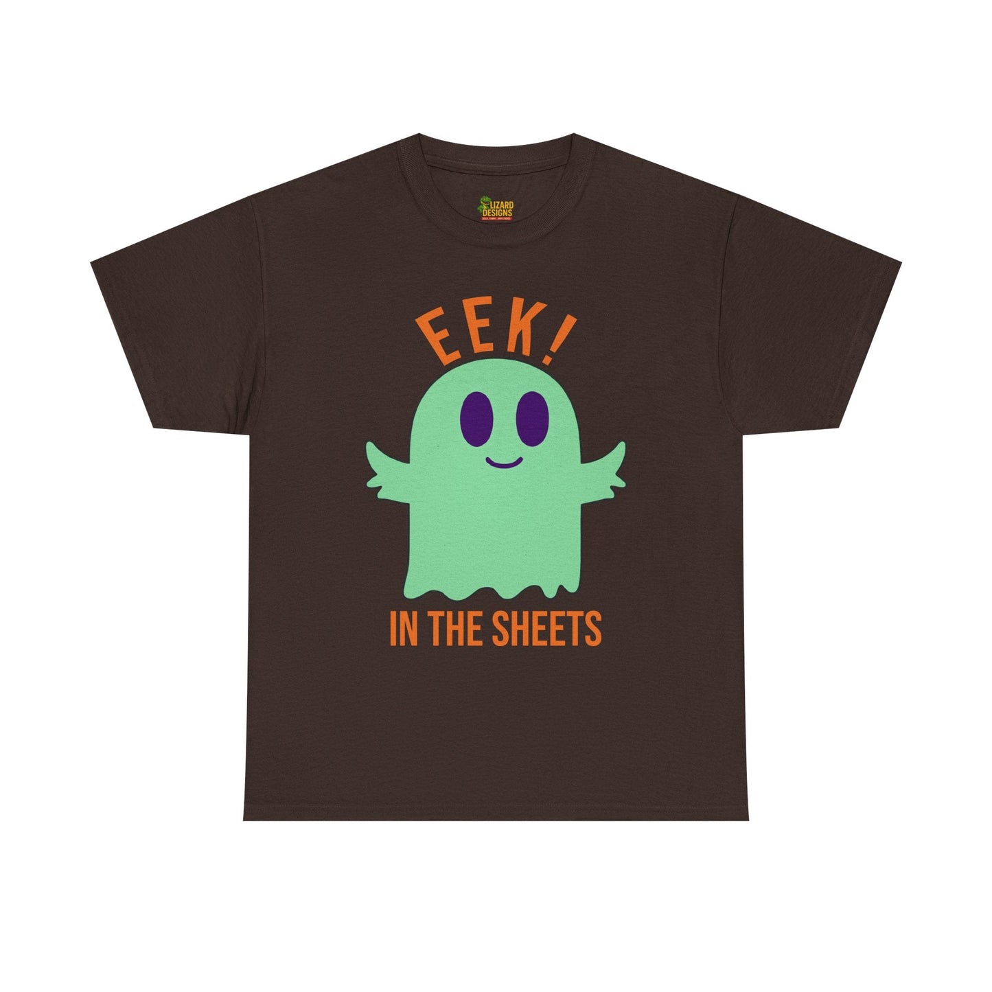 Eek in the Sheets Ghost Tee - Green Ghost – Cute Halloween Pun – Dark Chocolate T-Shirt for casual wear gift (10 view)
