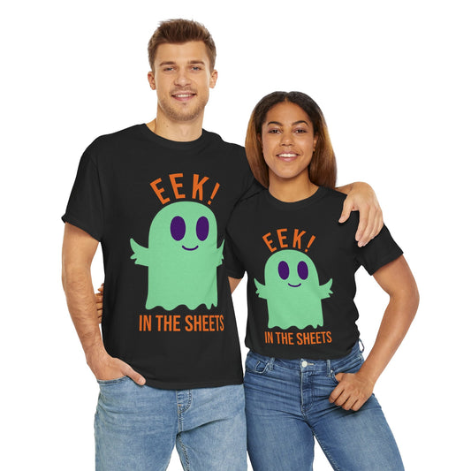 Eek in the Sheets Ghost Tee - Green Ghost – Cute Halloween Pun – Charcoal T-Shirt for casual wear gift (1 view)