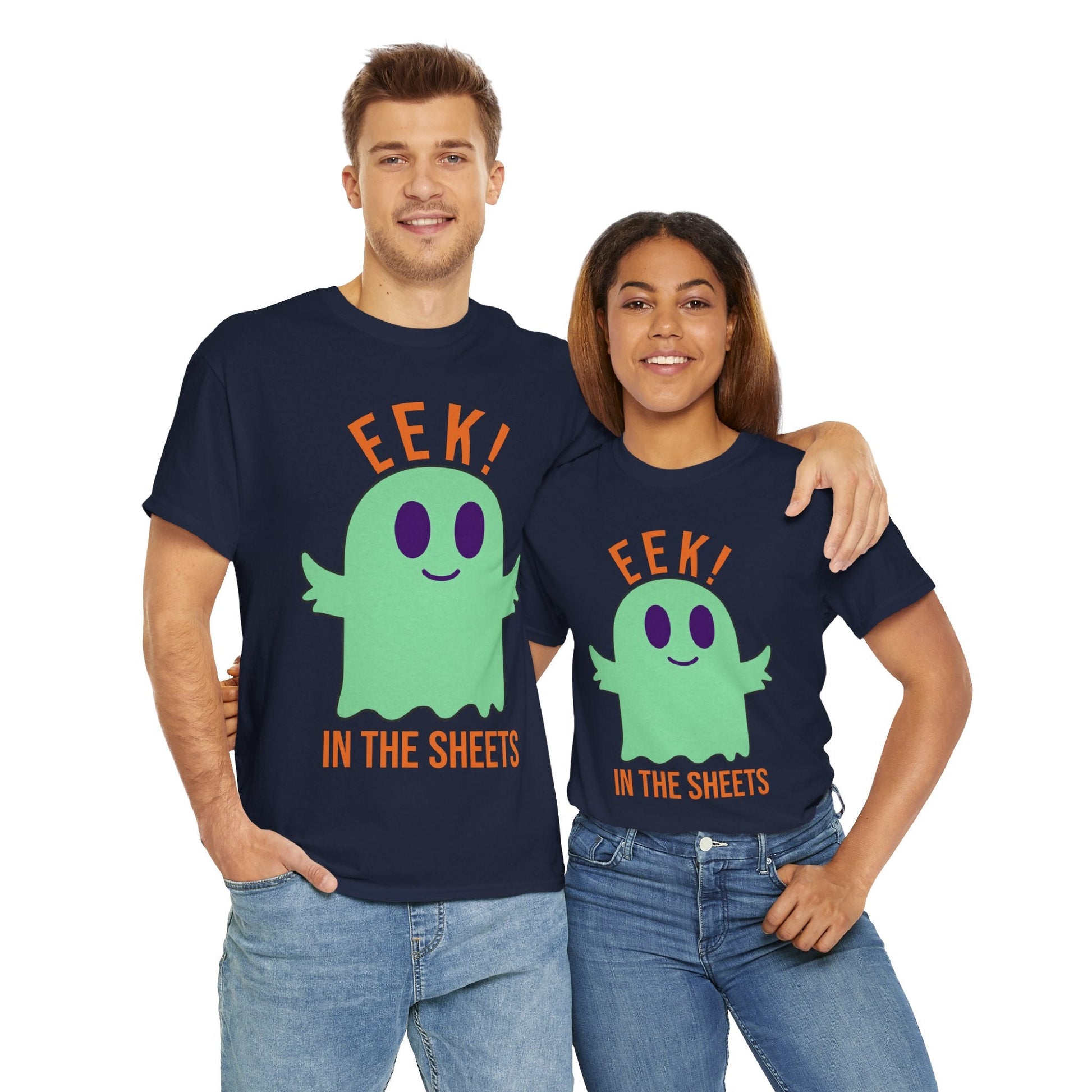 Eek in the Sheets Ghost Tee - Green Ghost – Cute Halloween Pun – Dark Chocolate T-Shirt for casual wear gift (15 view)