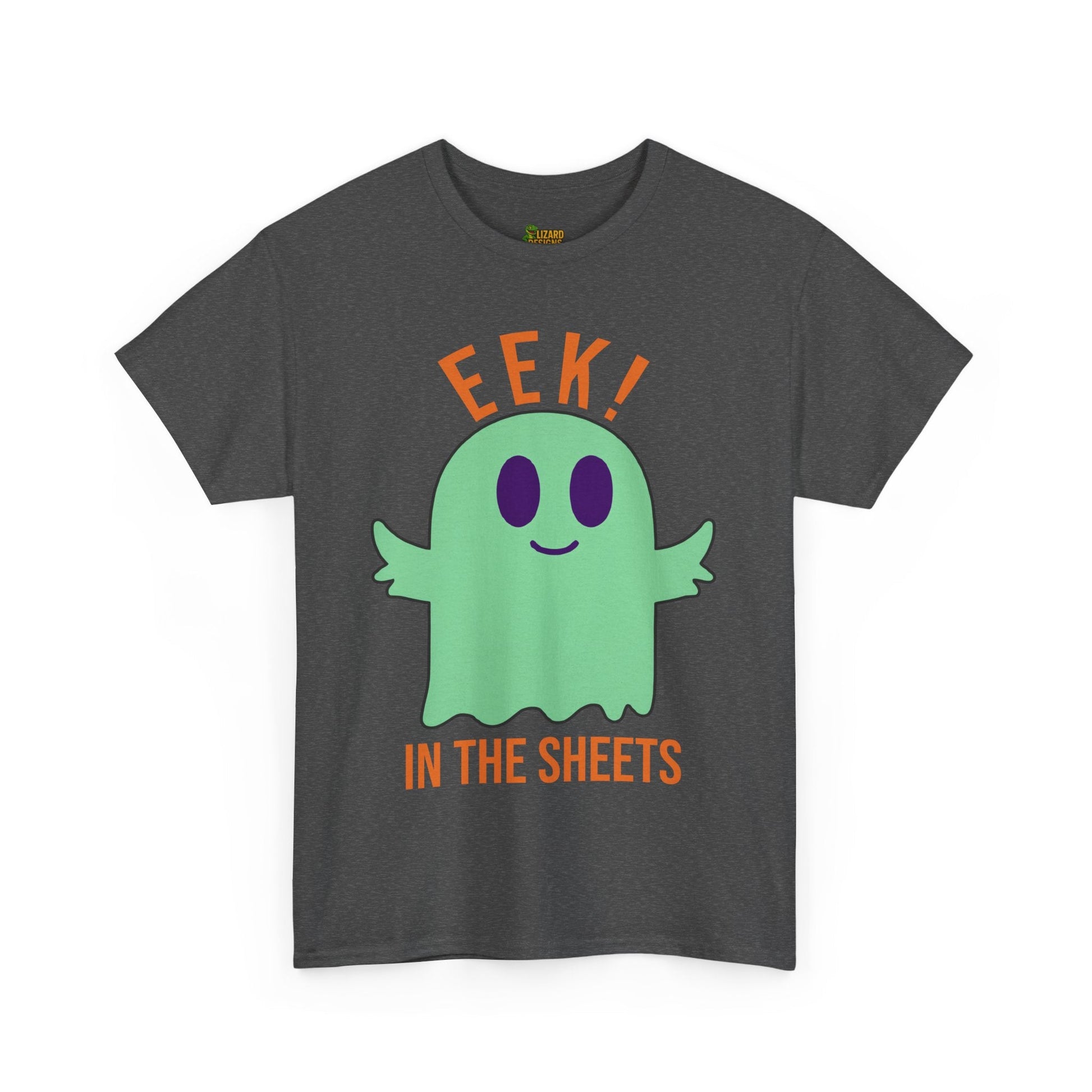 Eek in the Sheets Ghost Tee - Green Ghost – Cute Halloween Pun – Dark Heather T-Shirt by Printify