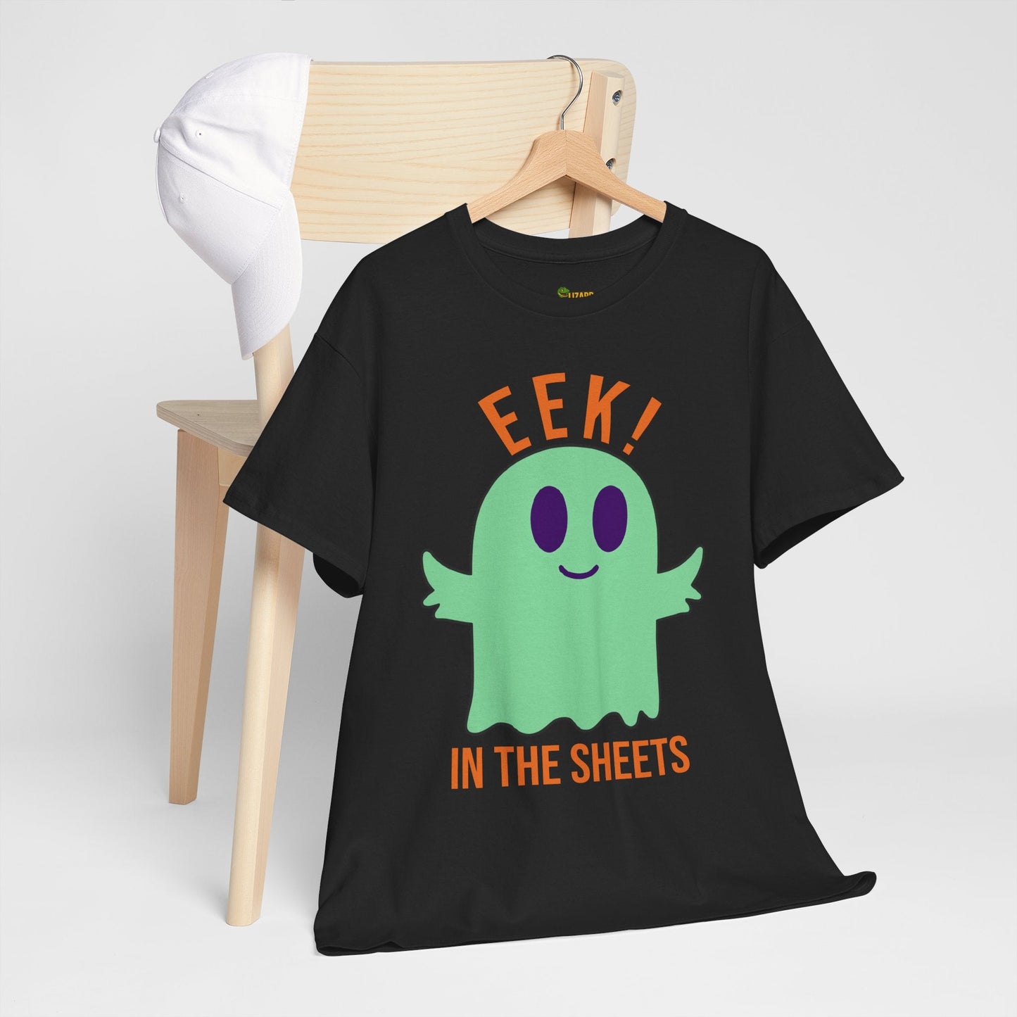 Eek in the Sheets Ghost Tee - Green Ghost – Cute Halloween Pun – Black T-Shirt by Printify