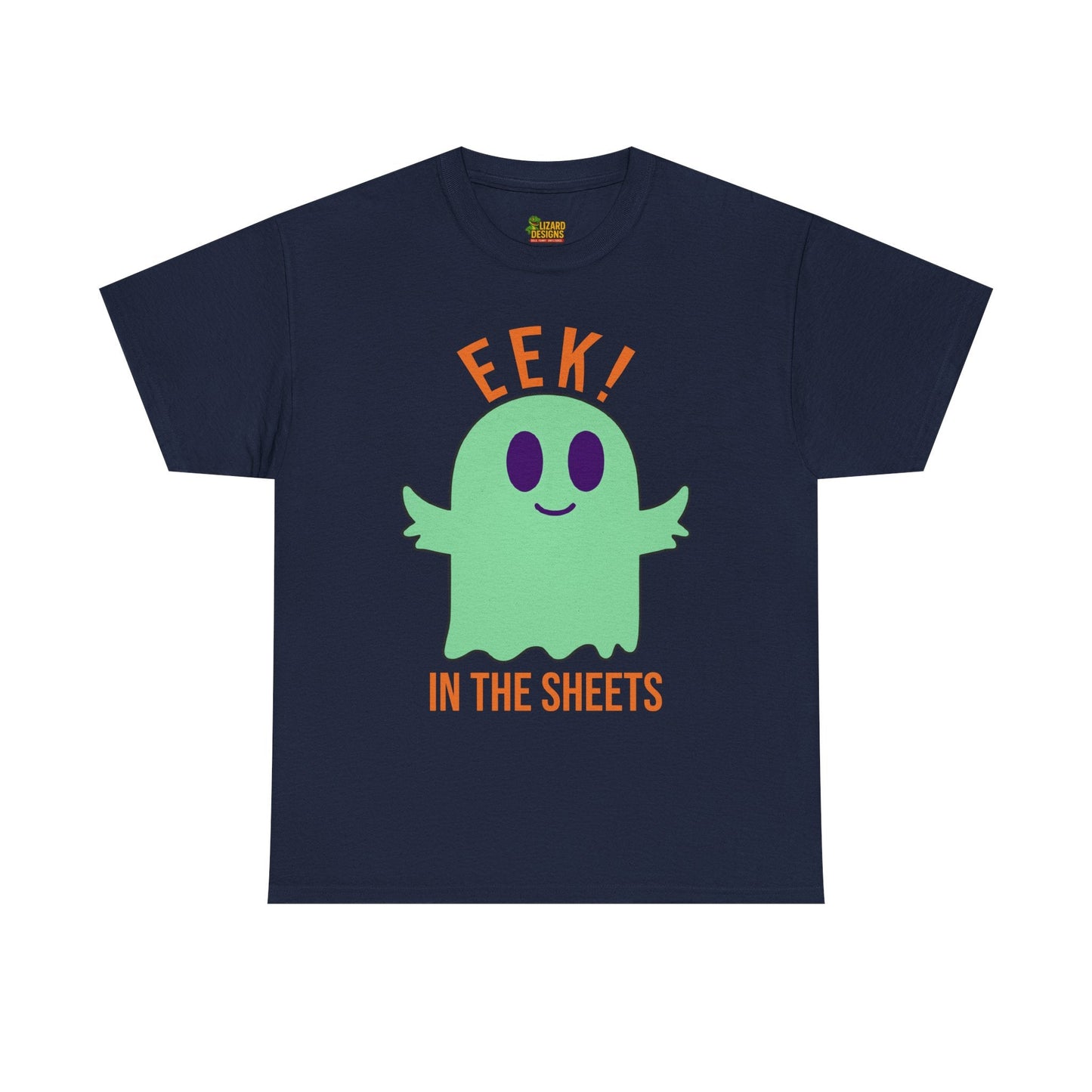 Eek in the Sheets Ghost Tee - Green Ghost – Cute Halloween Pun – Navy T-Shirt by Printify