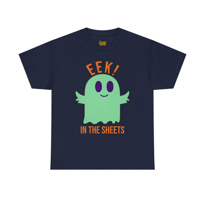 Eek in the Sheets Ghost Tee - Green Ghost – Cute Halloween Pun – Navy T-Shirt by Printify