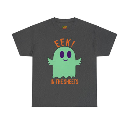 Eek in the Sheets Ghost Tee - Green Ghost – Cute Halloween Pun – Dark Heather T-Shirt by Printify