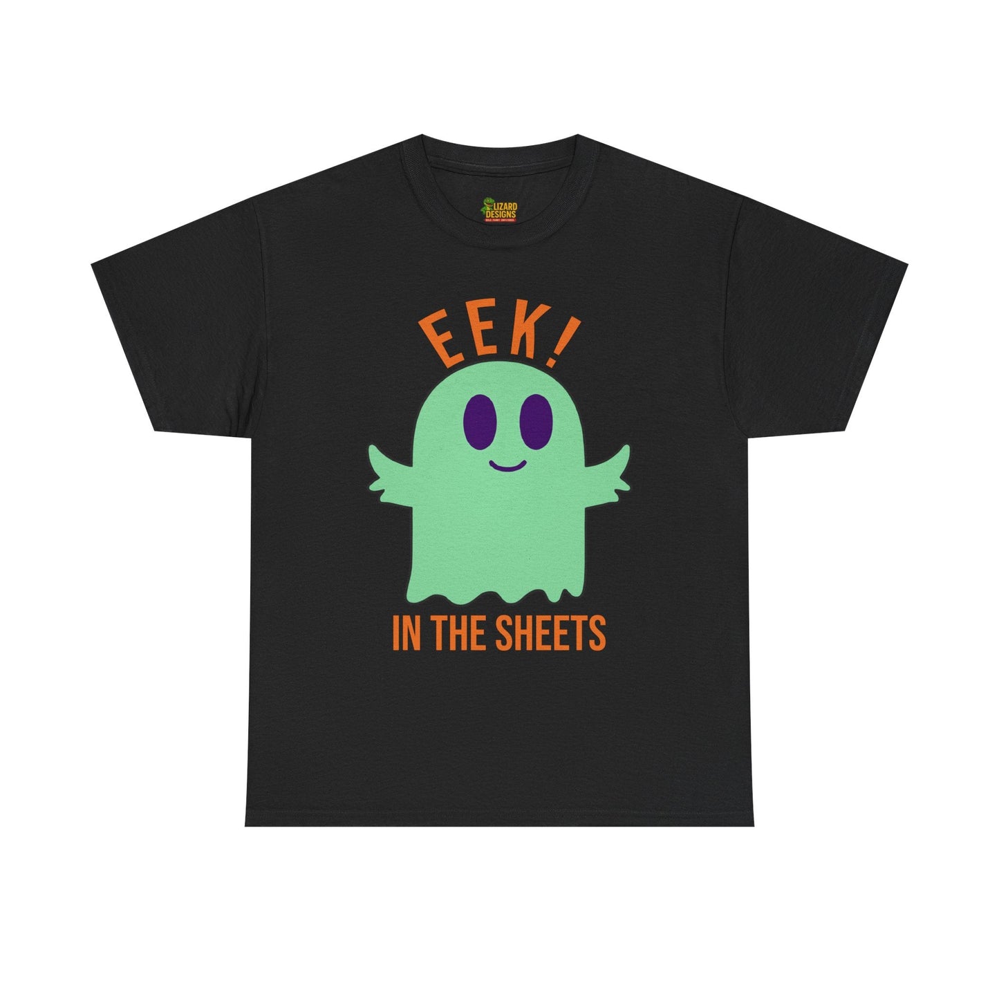 Eek in the Sheets Ghost Tee - Green Ghost – Cute Halloween Pun – Black T-Shirt by Printify