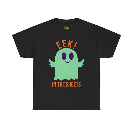 Eek in the Sheets Ghost Tee - Green Ghost – Cute Halloween Pun – Black T-Shirt by Printify