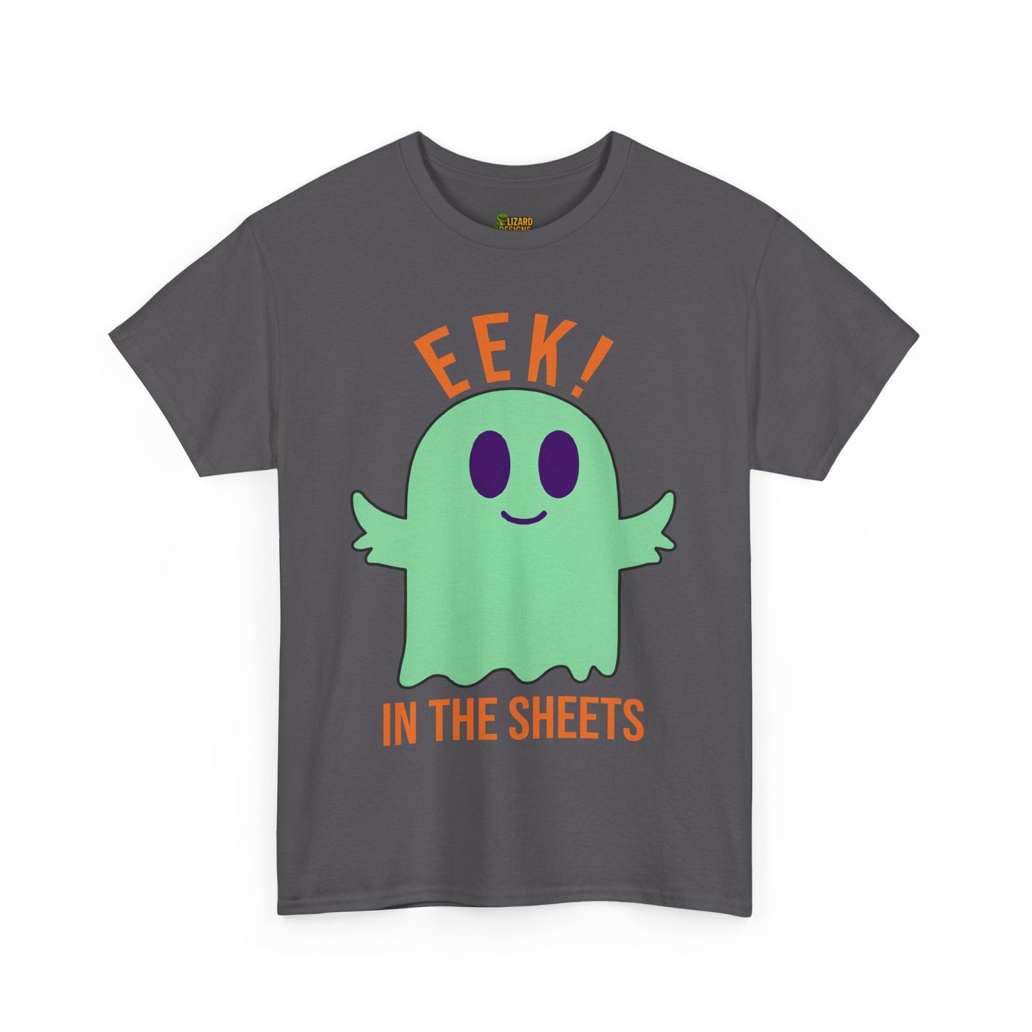 Eek in the Sheets Ghost Tee - Green Ghost – Cute Halloween Pun – Charcoal T-Shirt by Printify