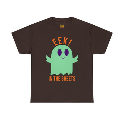 Eek in the Sheets Ghost Tee - Green Ghost – Cute Halloween Pun – Dark Chocolate T-Shirt by Printify
