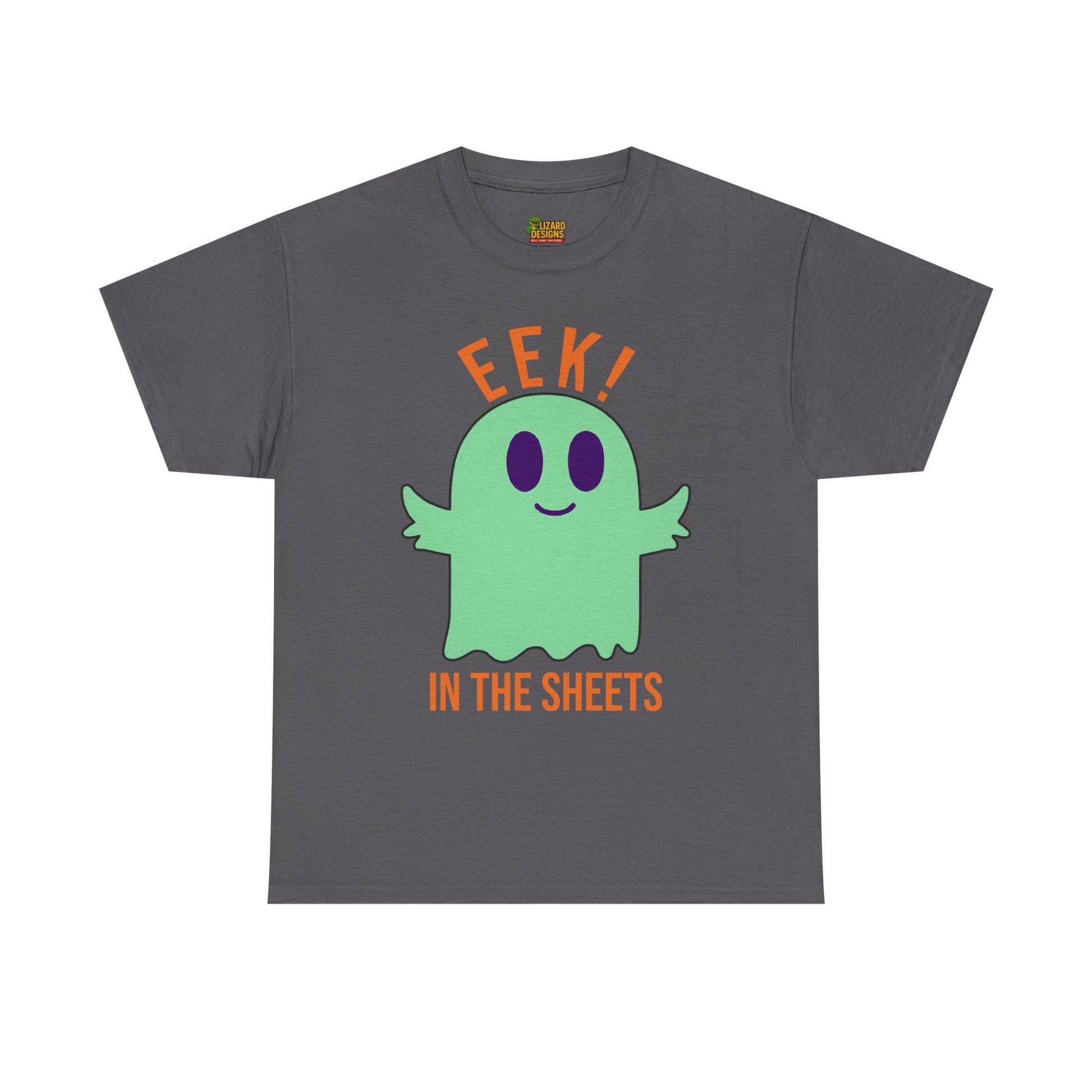 Eek in the Sheets Ghost Tee - Green Ghost – Cute Halloween Pun – Charcoal T-Shirt by Printify