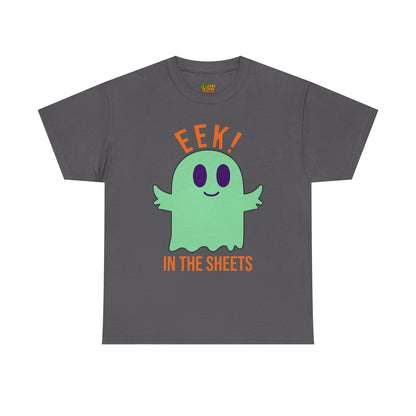 Eek in the Sheets Ghost Tee - Green Ghost – Cute Halloween Pun – Charcoal T-Shirt by Printify