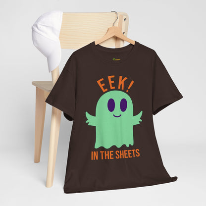 Eek in the Sheets Ghost Tee - Green Ghost – Cute Halloween Pun – Dark Chocolate T-Shirt by Printify
