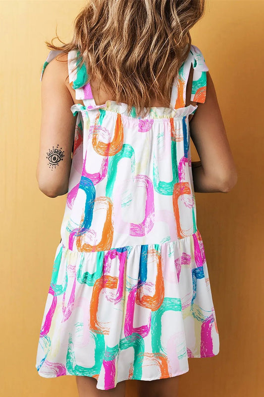 Abstract Print Knotted Straps Ruffled Mini Dress – White for Shopify Collective (2 view)